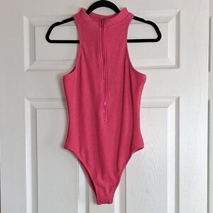 Rhythm. Pink Ribbed Mock Neck Front Zip One Piece Swimsuit